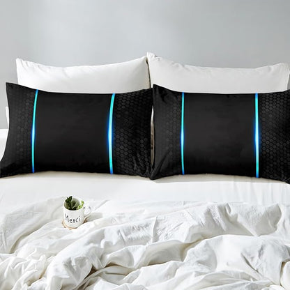 Castle Fairy Honeycomb Duvet Cover Set Full Size,Neon Hexagon Blue Lines Geometric Comforter Cover with 2 Pillowcases,Modern Abstract Art Black Breathable Bedspread for Boys Teens,Pillow Sham