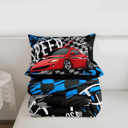 Feelyou Boys Race Car Bedding Set Cool Race Sports Car Set Comforter Set for Kids Boys Sports Duvet Set Checkered Comforter Red 1 Comforter Set with 2 Pillowcases King Size Boys