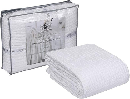 HILLFAIR 100% Combed Cotton Blanket– Queen Size Bed Blanket– Warm Soft All Season Breathable Lightweight Summer Blankets– Waffle Weave Home Decor Bed Blanket- White Queen Bed Cotton Blankets/Bedcover