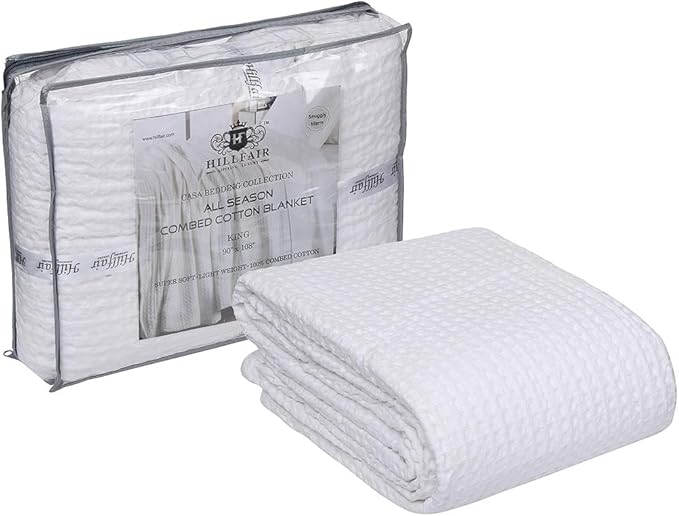 HILLFAIR 100% Combed Cotton Blanket– Twin XL Size Bed Blankets– Warm Soft All Season Breathable Lightweight Summer Blankets– Waffle Weave Home Decor Bed Blanket- White Bed Cotton Blankets/Bedcovers