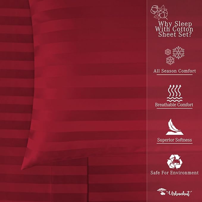 URBANHUT 1000 Thread Count Damask Striped Twin Size Egyptian Cotton Sheets, Long Staple Soft & Breathable, 4 Pc Bed Sheet Sets, Luxury Hotel Sateen Sheets Fits 16" Deep Pocket - Burgundy