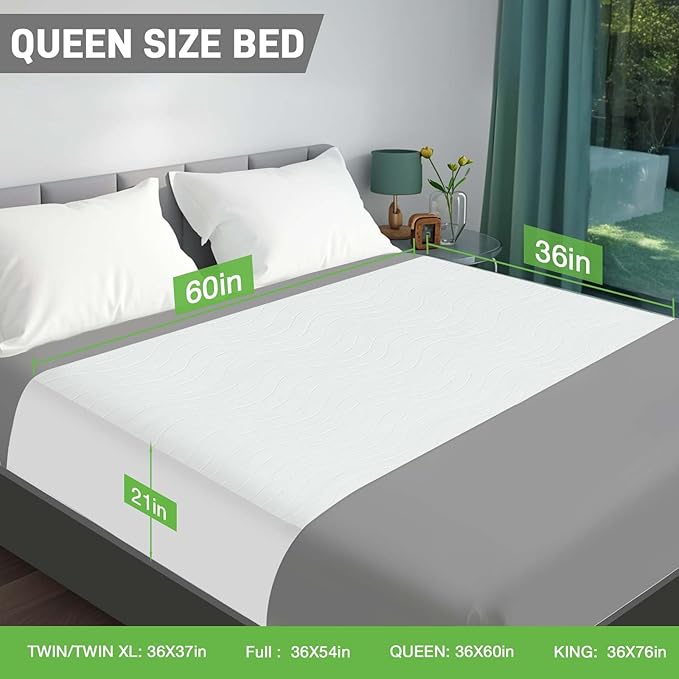 Bed Pads Washable Waterproof for Incontinence Adults, Reusable Wetting Pad Mattress Protector Underpads Tuckable Quick Dry, Fits Queen Size Bed, 36" x 60", White