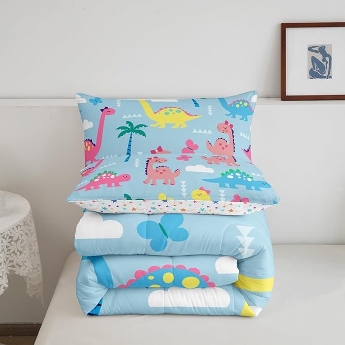 Cute Dino Full Size Comforter Set,Cartoon Dinosaur Kawaii Wildlife Reversible Bedding Set Bedroom Collection,Lovely Cloud Butterflies Blue Soft Quilted Duvet for Girls Teens