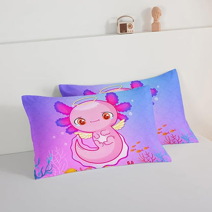 HOSIMA Cartoon 3D Print Axolotl Comforter Sets Queen Size,Cute Ocean Animal Bedding Sets for Kids Girls,Color Undersea World Plant Print Comforter Sets Decorative with 2 Pillowcases.