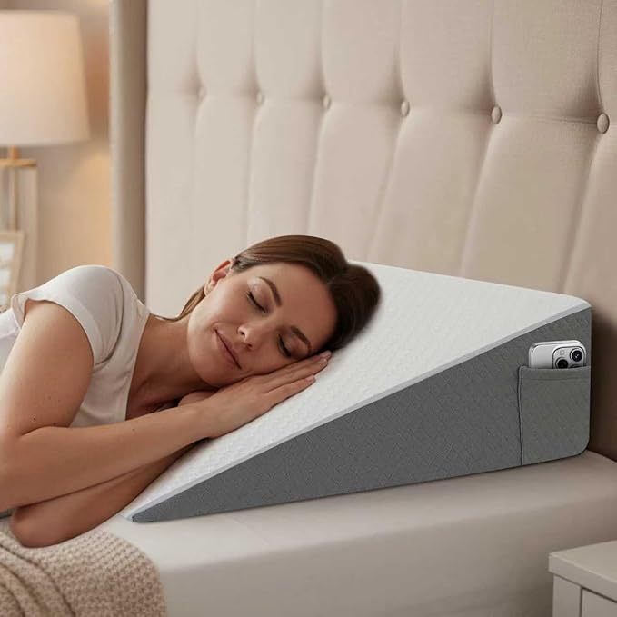 Bed Wedge Pillow for Sleeping & Resting, 8 inch Incline Pillow Wedge for Adults Seniors, Back Support and Leg Elevation, Cooling Memory Foam Top, Ideal for Couch, Bedroom & Living Room