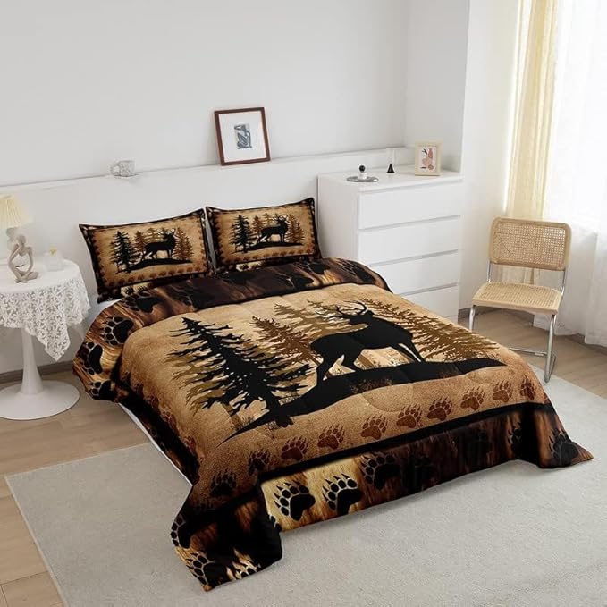 Feelyou Cute Deer Comforter Set for Girls Boys Kids Deer Hunting Bedding Set Room Decorative Rustic Bear Paw Print Bedding Canbin Brown Duvet Full Size 3Pcs