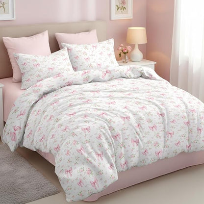 Duvet Cover Queen 3Pcs Pink Floral Bow Bedding Set for Girls Kids,Cute Princess Style Bowknot Bedding,Ultra Soft Garden Flower Bedding with 2 Pillowcases(No Comforter)