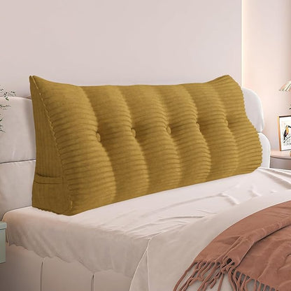 Daneey Headboard Wedge Pillow Bed Wedge Pillow for Headboard Bolster Reading Pillow for Bed Back Pillow for Sitting in Bed Wedge Pillow Headboard with Removable Cordury Cover (Khaki, Queen)