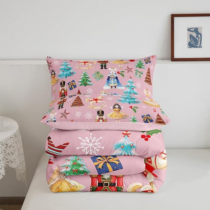 Erosebridal King Christmas Comforter Set for Kids, Boys & Girls - Nutcracker Bedding Set, Reversible Pink & White, 2 Pillowcases