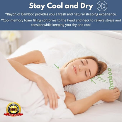 Memory Foam Bamboo Pillows King Size Set of 2 [Adjustable] for Sleeping - Cool & Breathable Cover with Zipper Rayon Derived from Bamboo Pilllowcase - Relieves Neck Pain - Back/Stomach/Side Sleeper