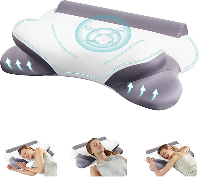Smug Cervical Neck Pillow for Sleeping, Cooling Ergonomic Memory Foam Pillow with Arm Rest Slot and Ice Silk Pillowcase, Dual Height Orthopedic Support Contour for Side, Back, Stomach Sleepers