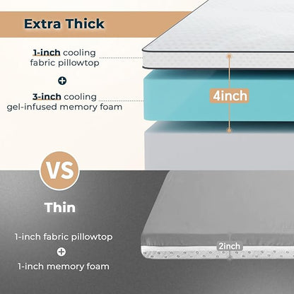 4 Inch Memory Foam Mattress Topper Medium XL Size - Dual Layer 3 Inch Cooling Gel Memory Pad and 1 Inch Pillow Top Mattress Cover for Back Pain - 39" x 70" x 4"