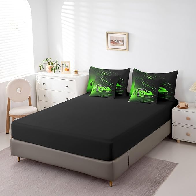 Feelyou Boys Green Race Car 7 Piece Bedding Set King Size Speed Sports Car Comforter Set with Sheets for Kids Teens Adult Fast and Furious Bed in a Bag Green Ombre Bed Set