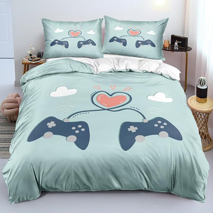 King Size Bedding Set for Gaming Families - Comforter Cover with Duvet Set & Pillowcases, Playful Gamepad Pair and Pink Heart Design on Soft Blue, Creates Cozy Gaming Bedroom