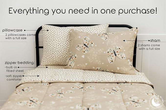 Beddy's Butterfly Themed Durable Zipper Bedding for Kids, Bed in a Bag, Beige Sheets & Comforter with Butterflies, Hearts & Floral Design, Includes Pillowcase & Pillow Sham, Easy to Make & Wash
