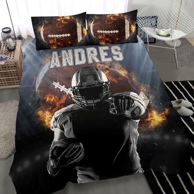 Personalized American Football Bedding Set, Kids 3 Piece Duvet Cover Set with Pillow Shams for Teens Boys, NO Comforter, Twin Size for Rugby Lovers (Football 01)