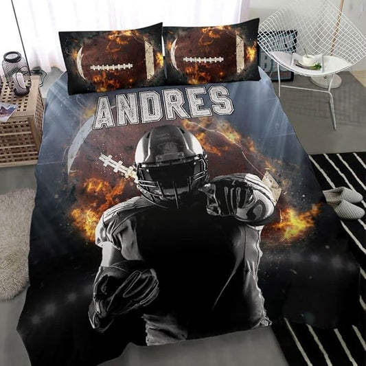 Personalized American Football Bedding Set, Kids 3 Piece Duvet Cover Set with Pillow Shams for Teens Boys, NO Comforter, Twin Size for Rugby Lovers (Football 01)