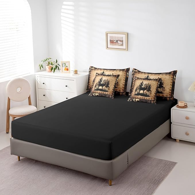 Feelyou Cute Deer Comforter Set with Sheets 7 Piece Queen Size for Girls Boys Kids Deer Hunting Bed in a Bag Room Decorative Bear Paw Print Tree Pattern Bedding Set Exotic Style Brown Bed Set