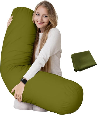 King Size Extra Long Round Body Pillow - 54x12 Bolster Pillow for Bed Extra Soft Body Pillow with Removable Pillowcase, Maternity Pillow - Green