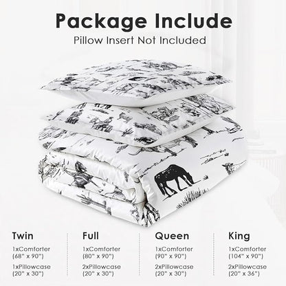 Twin Size Comforter Set with Pillowcase, Cowboy Cow Farm Soft 2 Pcs Bedding for Kids and Adults, Horse Vintage Western Comforter Set for Room Bedroom Bed Decor