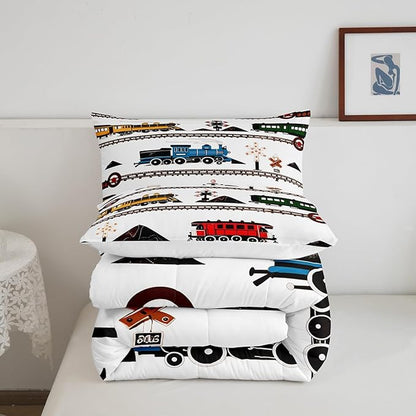 Erosebridal Kids Comforter Set Retro Vintage Train Bedding, Cute Vehicle Printed Colorful Train Comforter for Boys Girls Adults Teens Bedroom Decor All Season Full 3 Pieces, 1 Comforter 2 Pillowcases