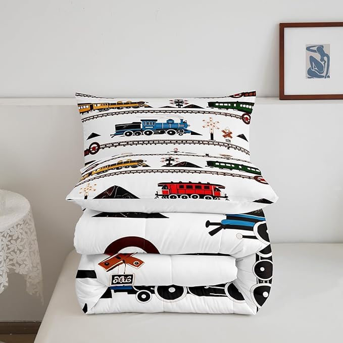 Erosebridal Kids Comforter Set Retro Vintage Train Bedding, Cute Vehicle Printed Colorful Train Comforter for Boys Girls Adults Teens Bedroom Decor All Season King 3 Pieces, 1 Comforter 2 Pillowcases
