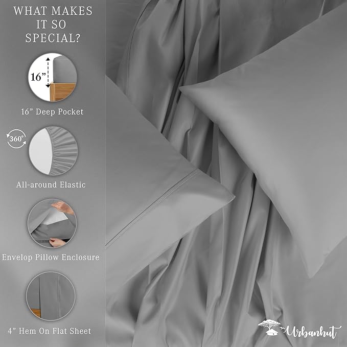 URBANHUT 100% Egyptian Cotton Sheets - 1000 Thread Count Full Size Sheet Set (4Pc), Long Staple Cotton Bedding Sheets, All Season Sateen Weave, Luxury Hotel Bedsheets,16" Deep Pocket - Dark Grey
