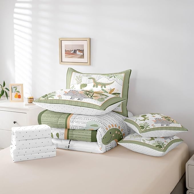 Feelyou Kids Cute Dinosaur 7 Piece Bedding Set Twin Size Cartoon Dinosaur Comforter Set with Sheets for Boys Girls Teens Green Grey Bed in a Bag Coconut Plant Bed Set