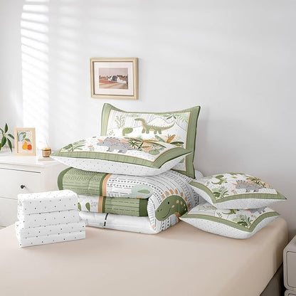 Feelyou Kids Cute Dinosaur 7 Piece Bedding Set Full Size Cartoon Dinosaur Comforter Set with Sheets for Boys Girls Teens Green Grey Bed in a Bag Coconut Plant Bed Set