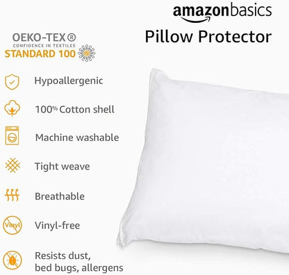 Amazon Basics Standard Pillowcase with Zipper, 100% Cotton Hypoallergenic, Pillow Protector, White (27 x 21 Inches), Pillows Not Included