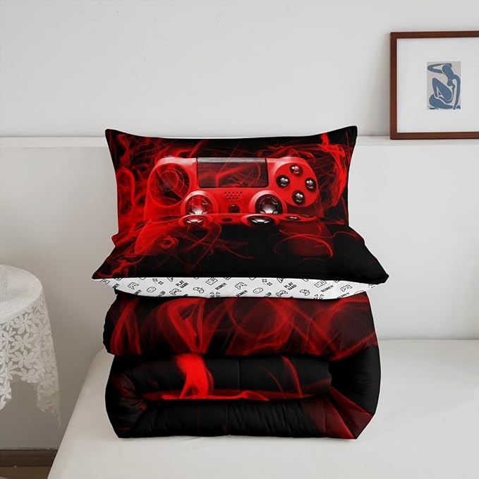 Feelyou Kids Gaming Comforter Set Queen Size Gamer Bedroom Decor for Boys Girls Teens Video Game Controller Bedding Set Youth Gaming Console Comforter Red Black with 2 Pillow Case