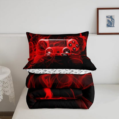 Feelyou Kids Gaming Comforter Set Twin Size Gamer Bedding Set for Boys Teens Gamer Bedroom Decor Youth Video Game Comforter Red Black with 1 Pillow Case