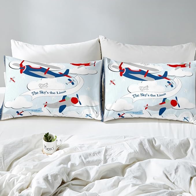 Erosebridal Helicopter Comforter Baby Nursery Toddler Bedding Set for Boys Airplane Queen Bed Comforter Set, Cartoon Aircraft Blue Plane Sketch Lines Duvet Set with 2 Pillowcases
