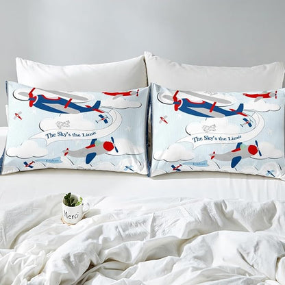 Erosebridal Helicopter Comforter Baby Nursery Toddler Bedding Set for Boys Airplane Full Bed Comforter Set, Cartoon Aircraft Blue Plane Sketch Lines Duvet Set with 2 Pillowcases