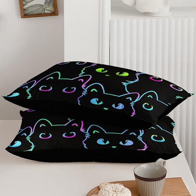 Axolotl Kids Bedding Cartoon Cat Comforter Set Twin Size,Gradient Line Cute Cat Bedding Set for Teens Boys Girls Adults Room Decor,Kids Comforter Set All Season,1 Comforter 2 Pillow Cases,Black