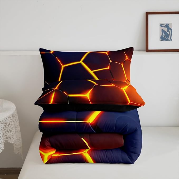 Honeycomb Print Bedding Set Red Black Fire Hexagonal Pattern Comforter Set for Kids Boys Girls Teens Beehive Geometrical Comforter Breathable Simplistic Duvet Set Room Decor Quilt Set Queen Size