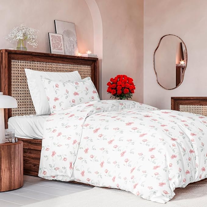 Duvet Cover Twin/Twin XL Size Set - Extra Soft Floral Duvet Cover 68 x 90 with 1 Pillow Sham - Comfy, Breathable Floral Bedding Set - Hotel Luxury & Fade Free with Zipper Closures and Ties - Rosebud