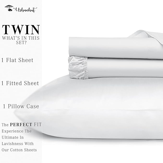 URBANHUT 1000 Thread Count Egyptian Cotton Sheets Twin Size, Long Staple Soft & Breathable, 3 Pc Bed Sheet Sets, Luxury Hotel Sateen Sheets Fits 16" Deep Pocket - White