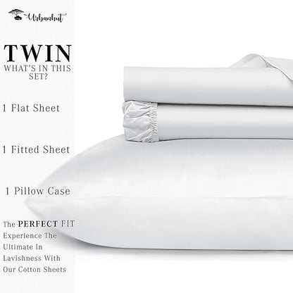 URBANHUT 1000 Thread Count Egyptian Cotton Sheets Twin Size, Long Staple Soft & Breathable, 3 Pc Bed Sheet Sets, Luxury Hotel Sateen Sheets Fits 16" Deep Pocket - White