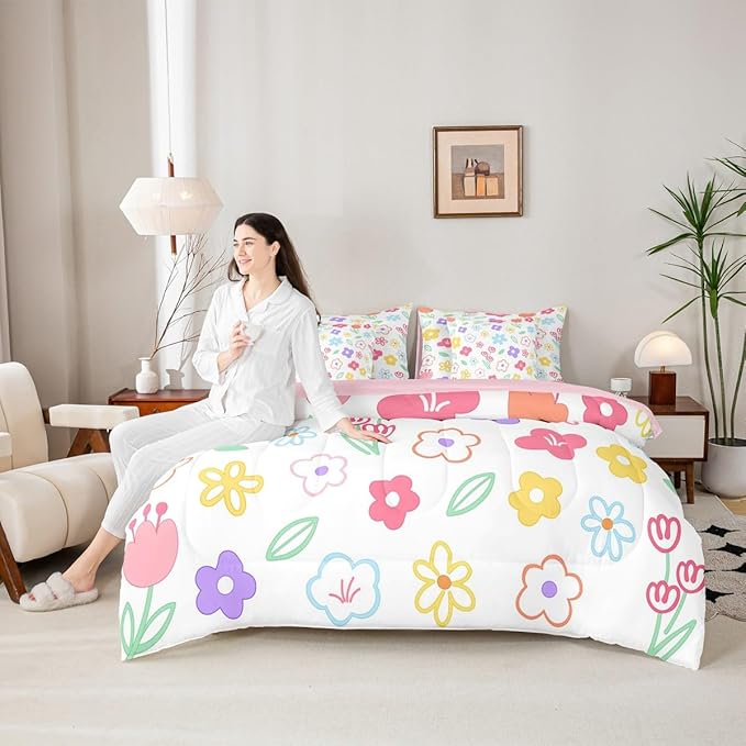 Feelyou Cute Flower 7 Piece Bedding Set Colorful Floral Comforter Set with Sheets for Kids Boys Girls Cartoon Hand-Drawn Bed in a Bag Botanical Decor Bed Set Soft Lightweight