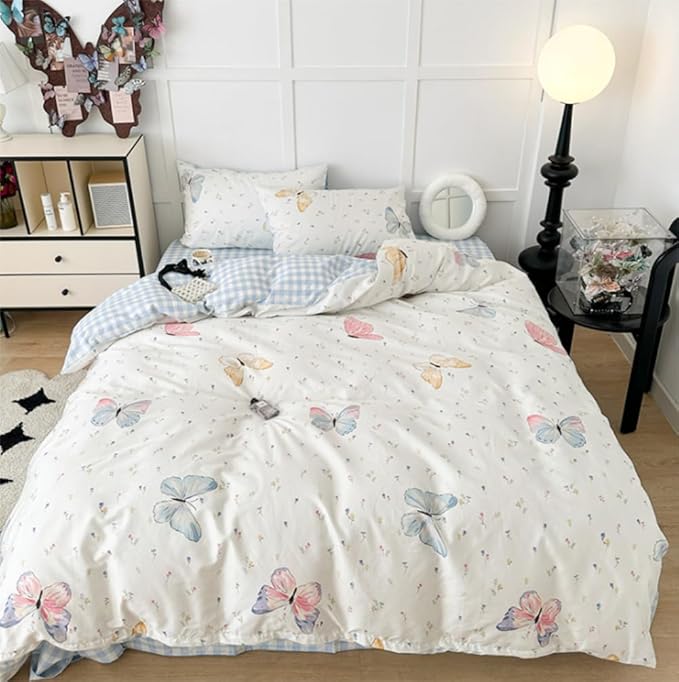 Butterfly Duvet Cover Queen Size Blue White Gingham Bedding Set 3 Pcs Kids Boys Girls Striped Spring Floral Butterflies Comforter Cover with Zipper Closure & Corner Ties