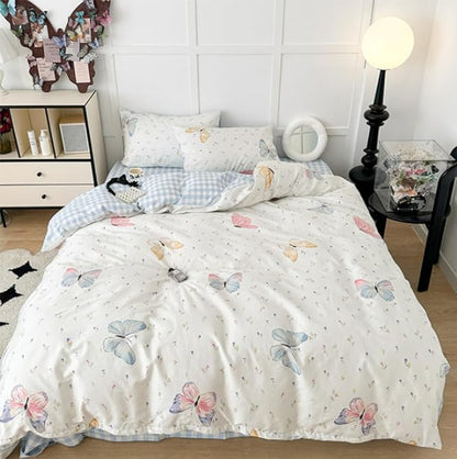 Butterfly Duvet Cover Queen Size Blue White Gingham Bedding Set 3 Pcs Kids Boys Girls Striped Spring Floral Butterflies Comforter Cover with Zipper Closure & Corner Ties
