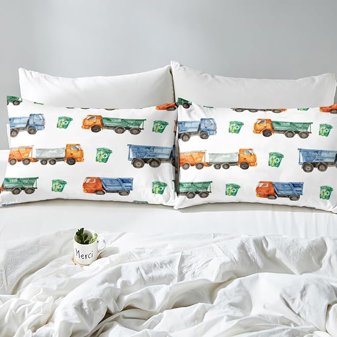 Erosebridal Toddler Bedding Set Garbage Trucks Comforter Set Vintage Watercolor Garbage and Trash Truck Bedding Comforter Sets Toddler Size Boys Girls Refuse Classification Trash Vehicles Bed Set