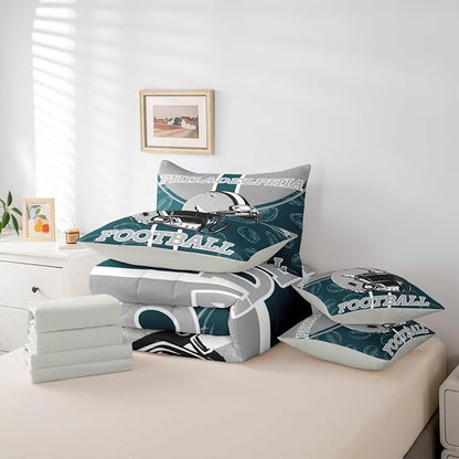 Feelyou Football Comforter Set with Sheets 7 Piece Queen Size Ball Games Bedding Set for Kids Boys Girls Rugby Bed in a Bag City of Footballs Room Decor Rugby Sports