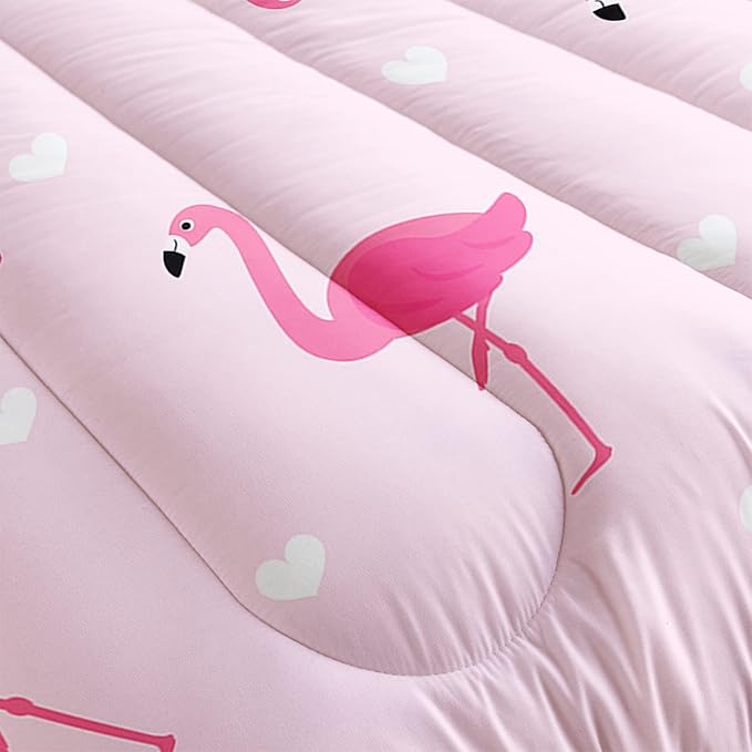 Flamingo Comforter Set Queen Size Tropical Pink Flamingo Love Heart Pattern Bedding Set Kawaii Quilted Duvet for Kids Girls Boys Adult with 1 Comforter and 2 Pillowcases