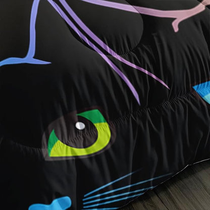 Kawaii Cat Comforter Set, Colorful Line Twin Size Bedding Set for Boys & Girls, Cartoon Cute Cat Black Quilt Set for Room Decor
