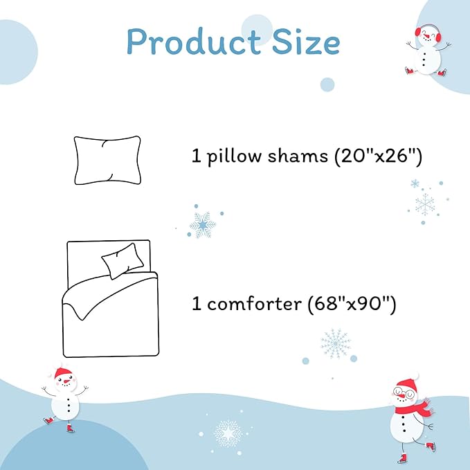 JSD Blue Snowman Kids Comforter Set Twin Size, 2 PC Christmas Winter Printed Microfiber Bedding Set