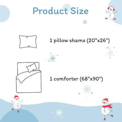 JSD Blue Snowman Kids Comforter Set Twin Size, 2 PC Christmas Winter Printed Microfiber Bedding Set