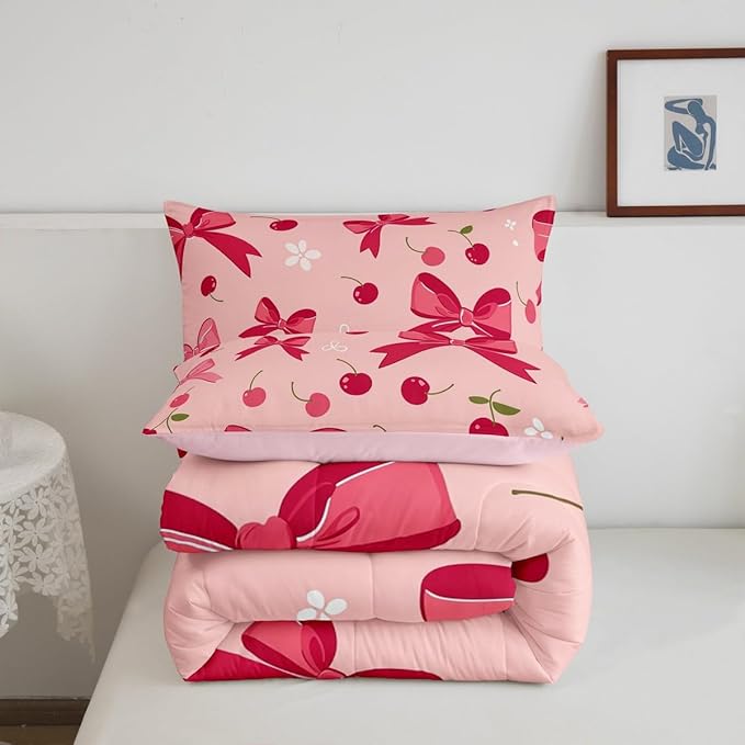 Feelyou Bow Comforter Set for Girls Boys Kids Twin Size Cheery Comforter Room Decor Cute Bedding Set Hot Pink Duvet Set