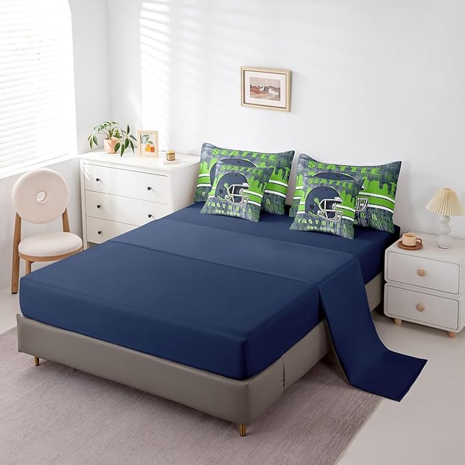 Erosebridal Football City Bedding Set Classic Sports Helmet Boys Bed in A Bag King, Rugby Fans Comforter Sets with Sheets for Boys Gridiron Seasonal Bed Set Navy Green Room Decor